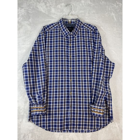 Robert Graham‎ Modern Americana Mens XXL Tailored Fit Shirt Blue Plaid *FLAW* - Picture 1 of 9